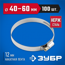 ЗУБР 100 шт., 40-60 мм, нерж. сталь, накатная лента 12 мм, хомуты 37822-40-60-100 Профессионал ЗУБР 100 шт., 40-60 мм, нерж. сталь, накатная лента 12 мм, хомуты 37822-40-60-100 Профессионал